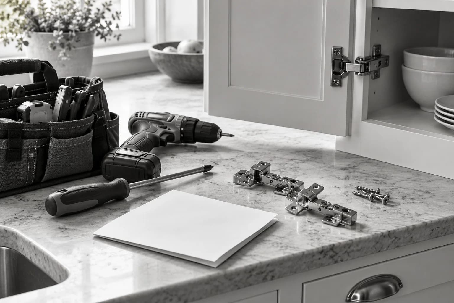 Repair tools and replacement hinges beside an open kitchen cabinet.