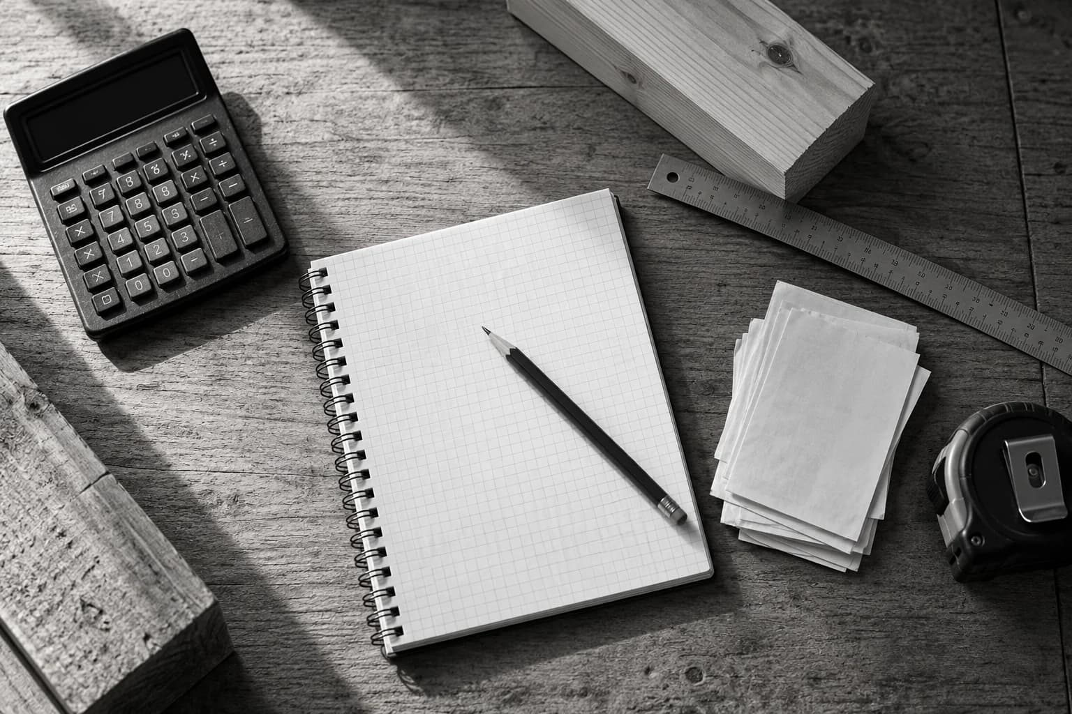 Calculator, blank squared notebook, timber sample and measuring tools on a workbench.