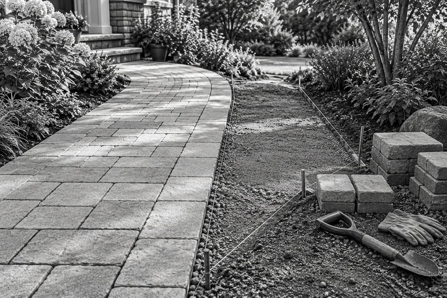Garden paving beside a marked extension area, stacked stones and work gloves.