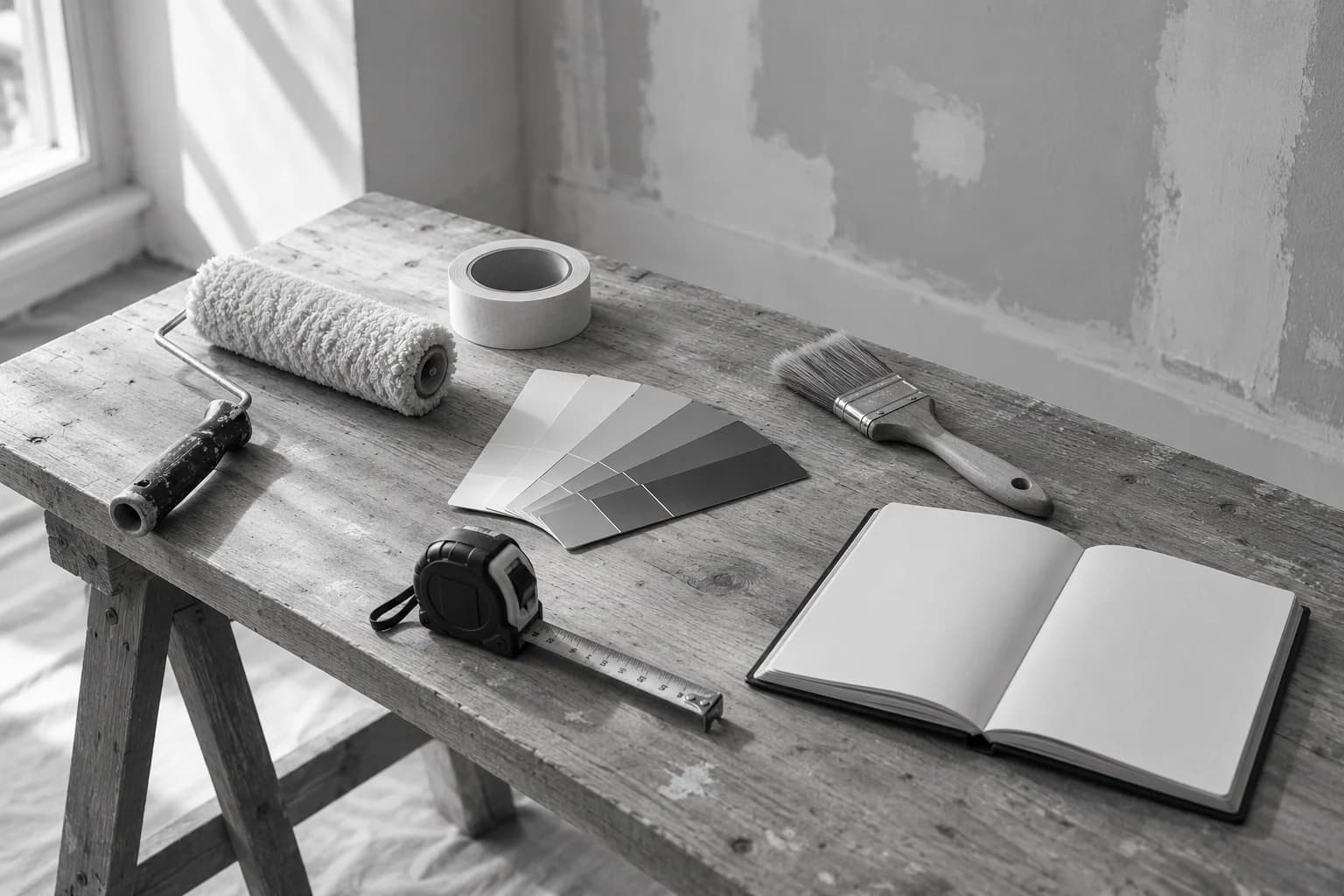 Painting roller, brush, paint swatches and an open notebook on a workbench.